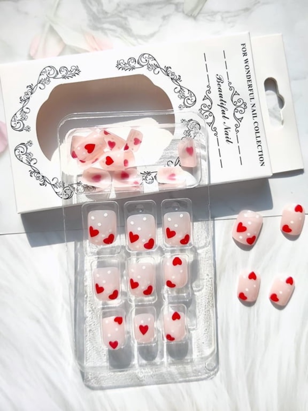 NWT Acrylic Press on Nails Set, 24 Pcs Square Short Red Heart Design